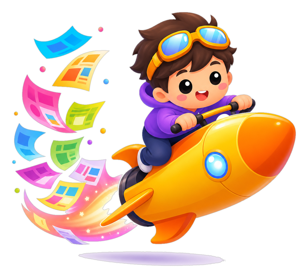 The LaunchPrintLabs mascot, a boy riding a rocket that prints as it flies